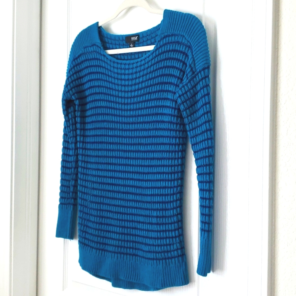 Teal Blue Stripped Off-the-Shoulder Ribbed Knit Sweater